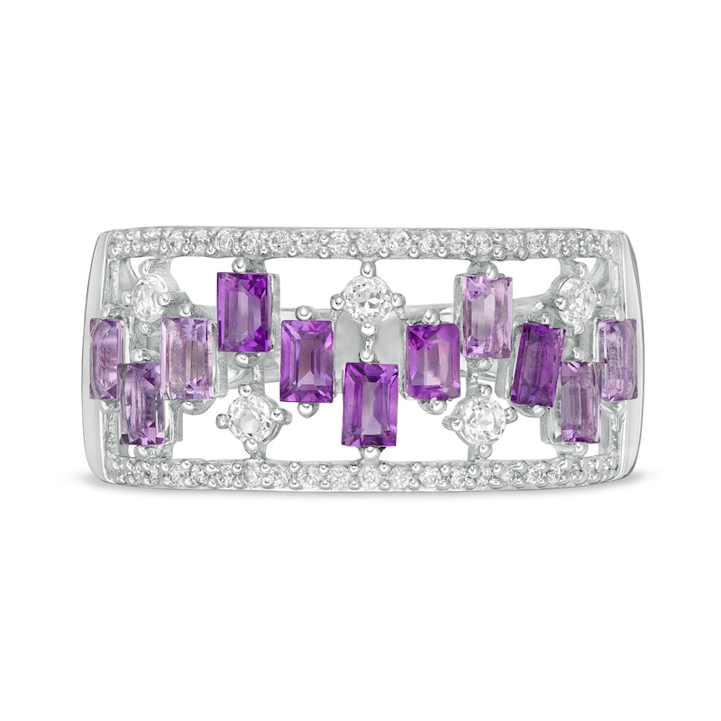 Baguette-Cut Amethyst and White Topaz Zig-Zag and 1/6 CT. T.W. Diamond Open Shank Ring in 10K White Gold