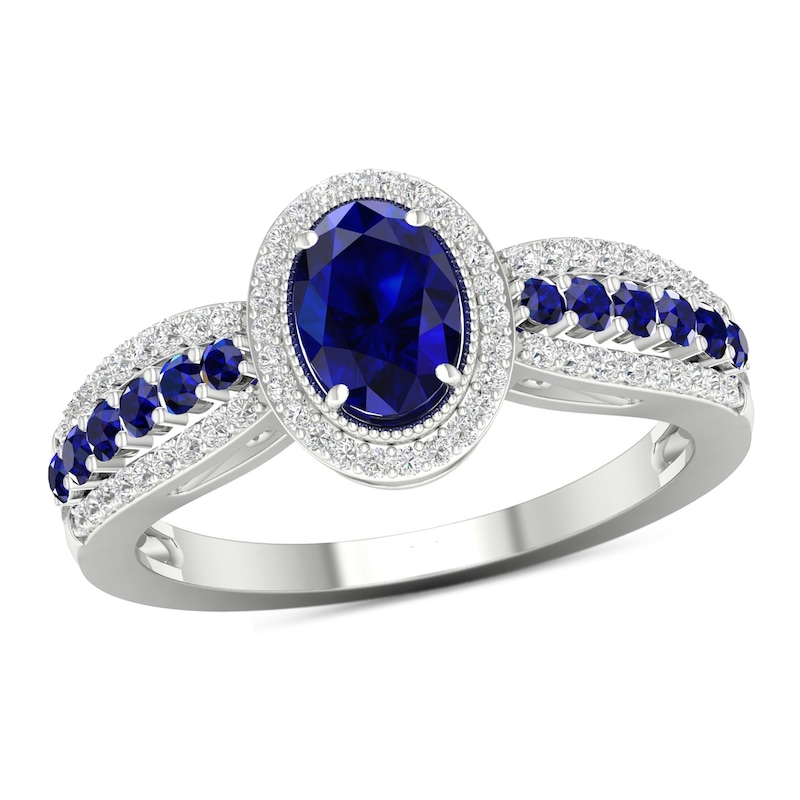 Oval Blue Sapphire and 1/5 CT. T.W. Diamond Frame Ring in 10K White ...