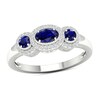 Thumbnail Image 1 of Blue Sapphire and 1/8 CT. T.W. Diamond Frame Three Stone Vintage-Style Ring in 10K White Gold