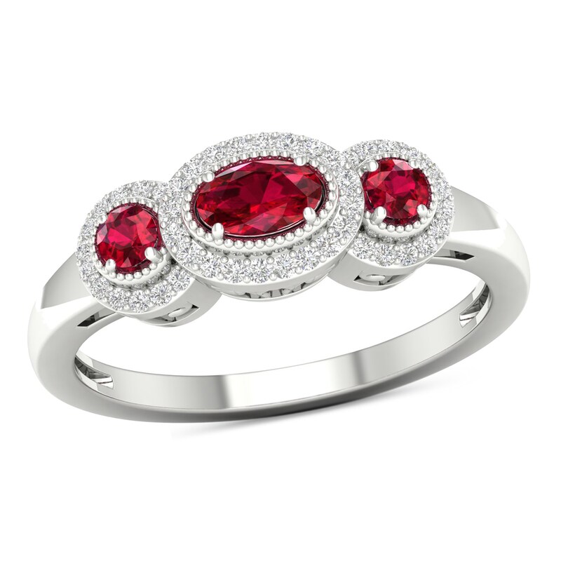 Main Image 1 of Ruby and 1/8 CT. T.W. Diamond Frame Vintage-Style Ring in 10K White Gold