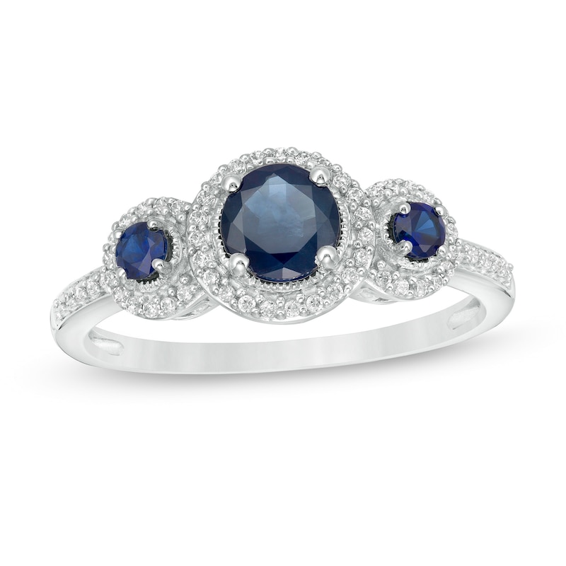 Blue Sapphire and 1/6 CT. T.W. Diamond Frame Three Stone Ring in 10K White Gold