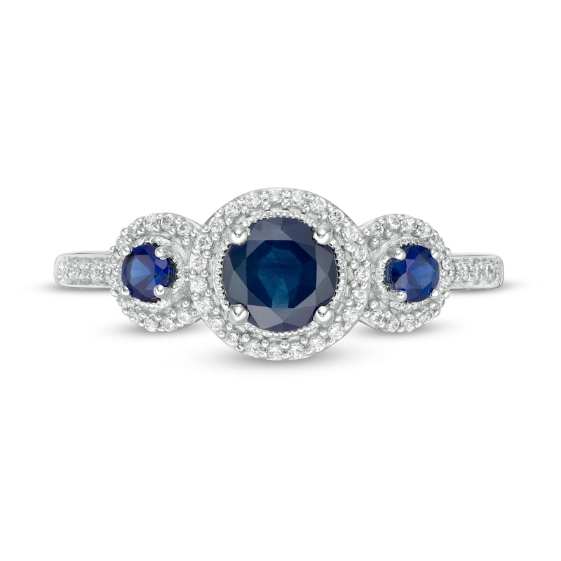 Blue Sapphire and 1/6 CT. T.W. Diamond Frame Three Stone Ring in 10K White Gold