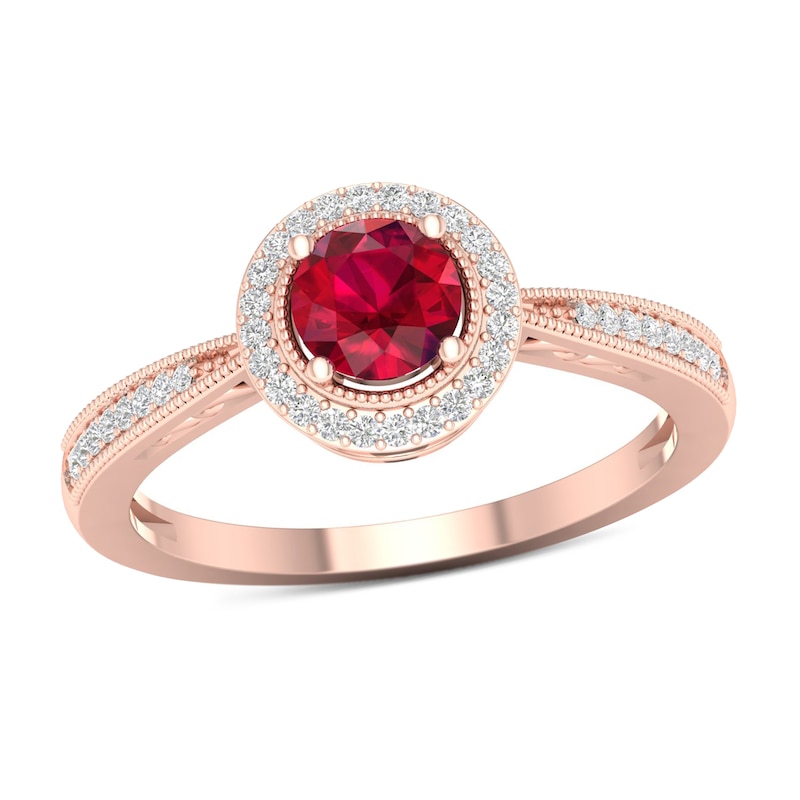 5.0mm Ruby and 1/8 CT. T.W. Diamond Frame Vintage-Style Ring in 10K Rose Gold