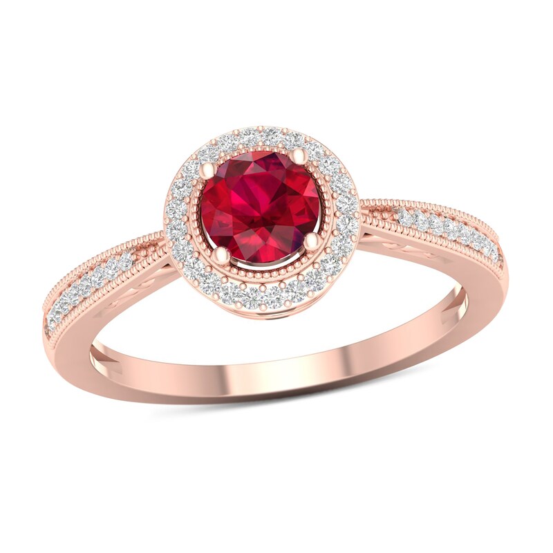 5.0mm Ruby and 1/8 CT. T.W. Diamond Frame Vintage-Style Ring in 10K ...