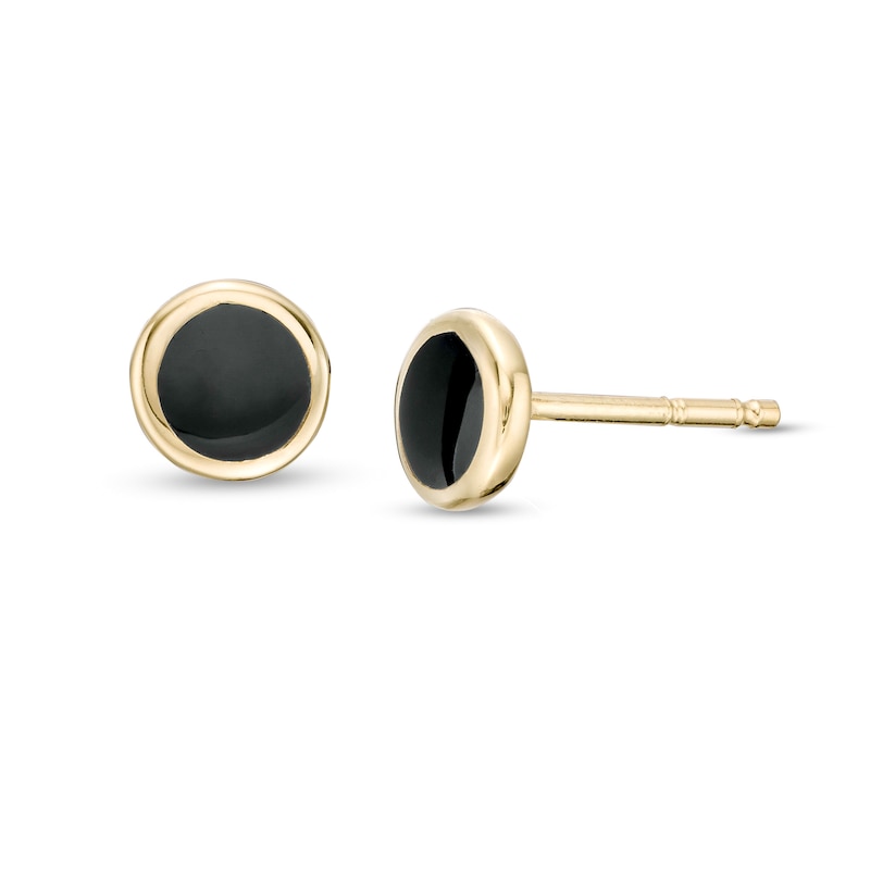 Black Enamel Disc Stud Earrings in 14K Gold