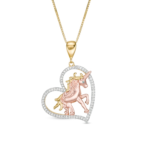 1/8 CT. T.w. Diamond Tilted Heart with Unicorn Pendant in Sterling Silver with 14K Two-Tone Gold Plate