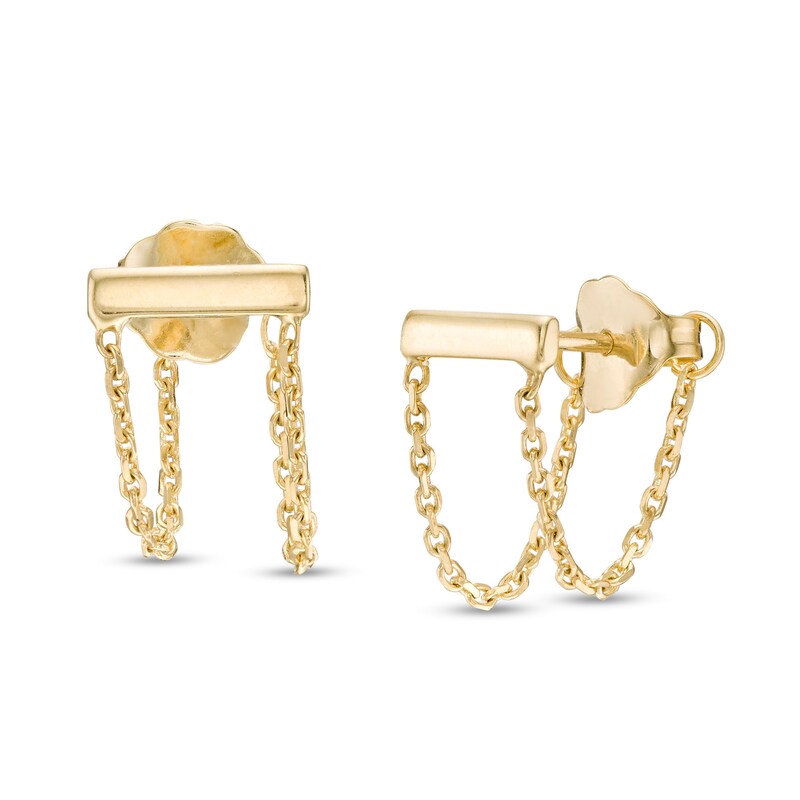 Main Image 1 of Horizontal Bar with Chain Drop Ends Front/Back Earrings in 14K Gold