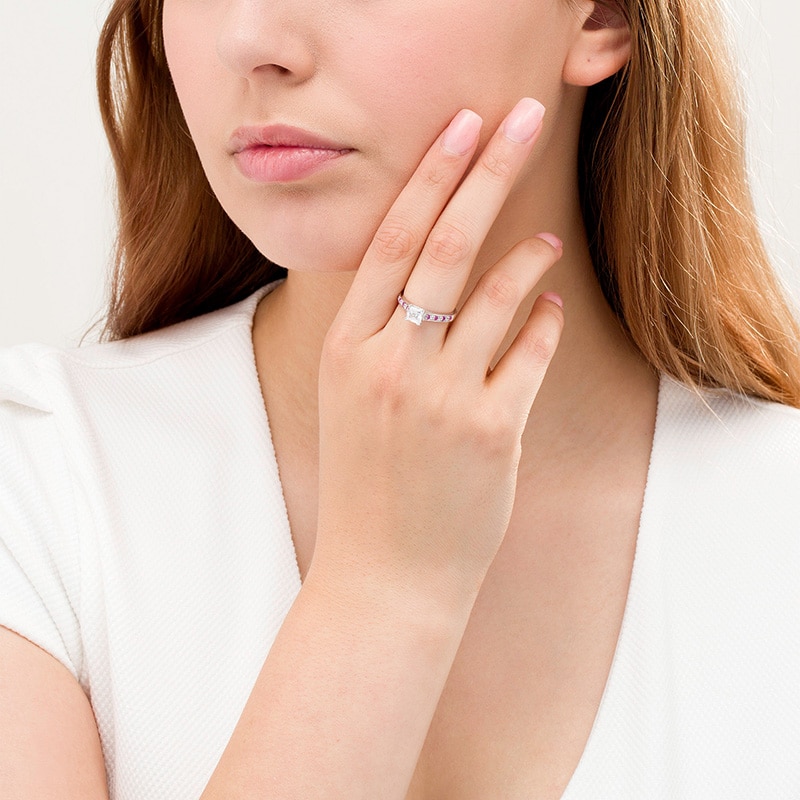 Main Image 2 of 5.0mm Princess-Cut Lab-Created White and Pink Sapphire Engravable Alternating Promise Ring in Sterling Silver (1 Line)