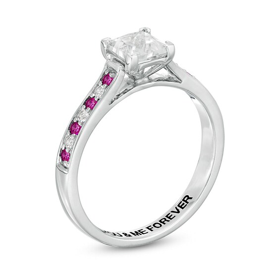 5.0mm Princess-Cut Lab-Created White and Pink Sapphire Engravable Alternating Promise Ring in Sterling Silver (1 Line)