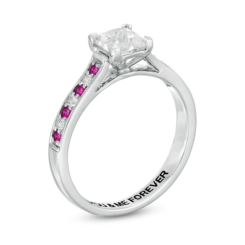 Main Image 3 of 5.0mm Princess-Cut Lab-Created White and Pink Sapphire Engravable Alternating Promise Ring in Sterling Silver (1 Line)
