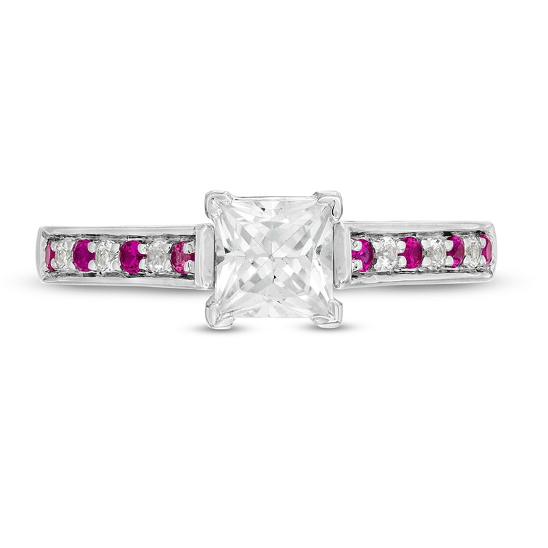 Main Image 4 of 5.0mm Princess-Cut Lab-Created White and Pink Sapphire Engravable Alternating Promise Ring in Sterling Silver (1 Line)