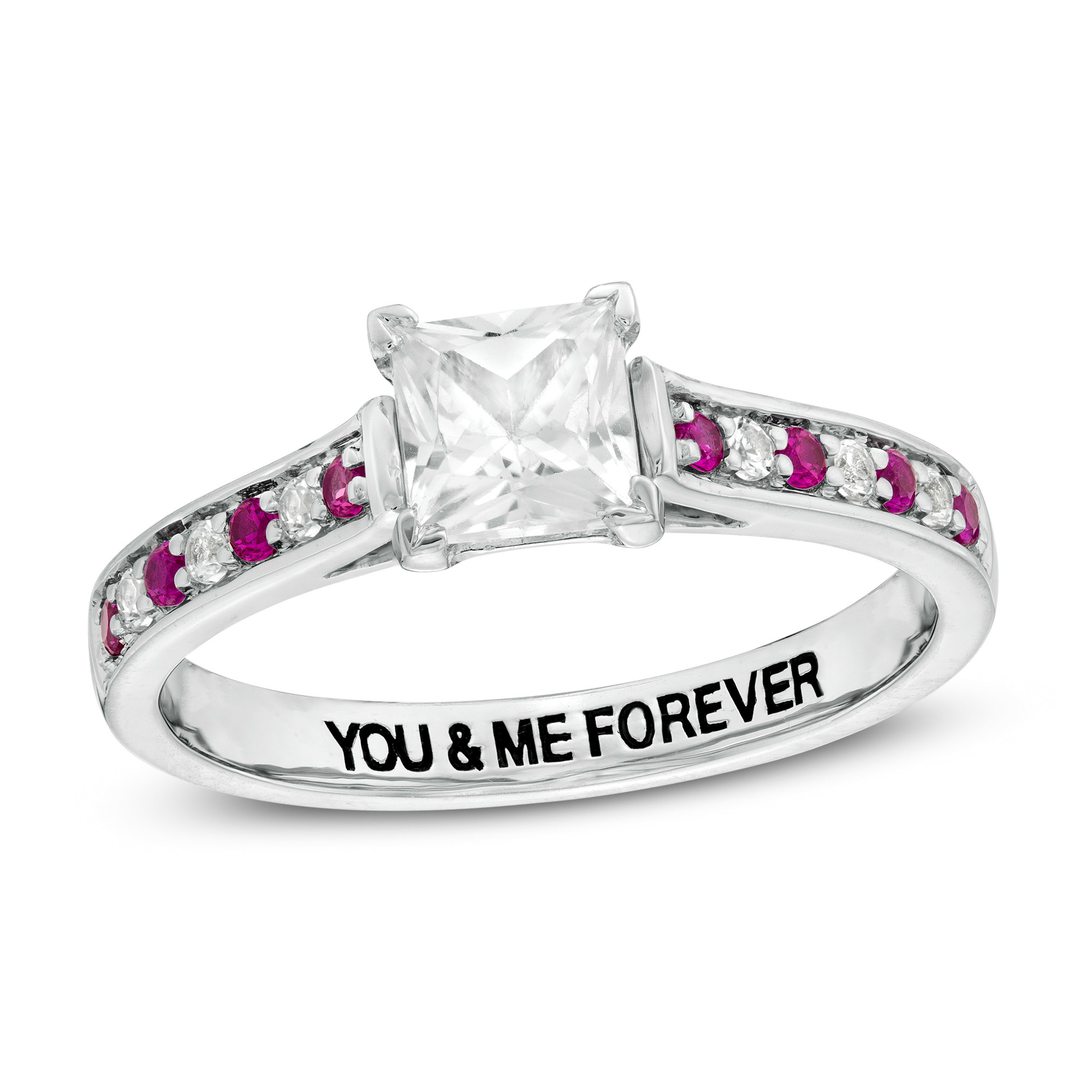 Thumbnail Image 1 of 5.0mm Princess-Cut Lab-Created White and Pink Sapphire Engravable Alternating Promise Ring in Sterling Silver (1 Line)