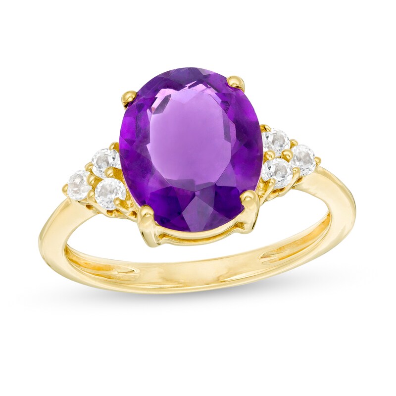 Main Image 1 of Oval Amethyst and White Topaz Tri-Sides Ring in 10K Gold