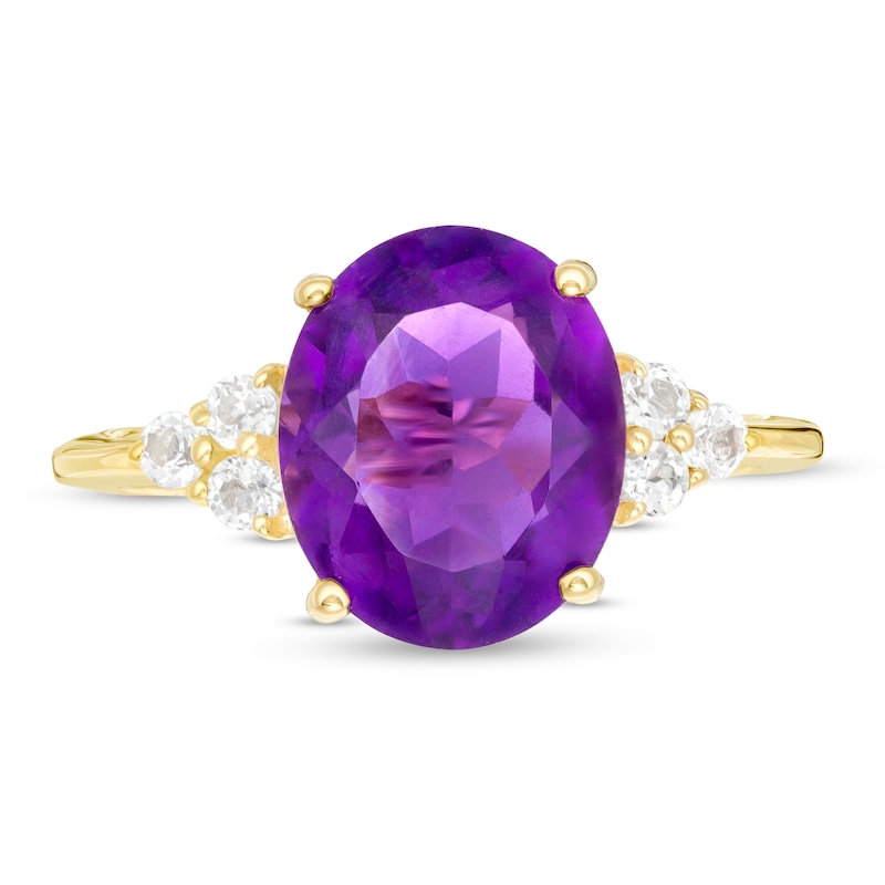 Main Image 4 of Oval Amethyst and White Topaz Tri-Sides Ring in 10K Gold