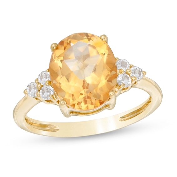 Oval Citrine and White Topaz Tri-Sides Ring in 10K Gold