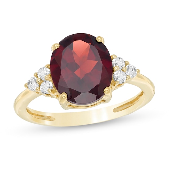 Oval Garnet and White Topaz Tri-Sides Ring in 10K Gold