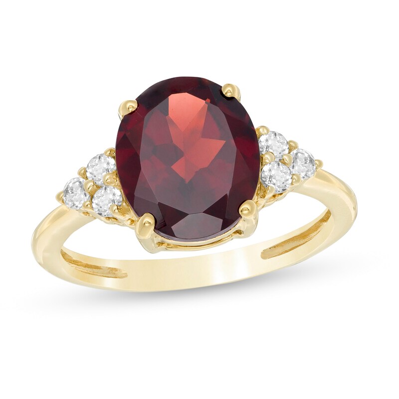 Main Image 1 of Oval Garnet and White Topaz Tri-Sides Ring in 10K Gold