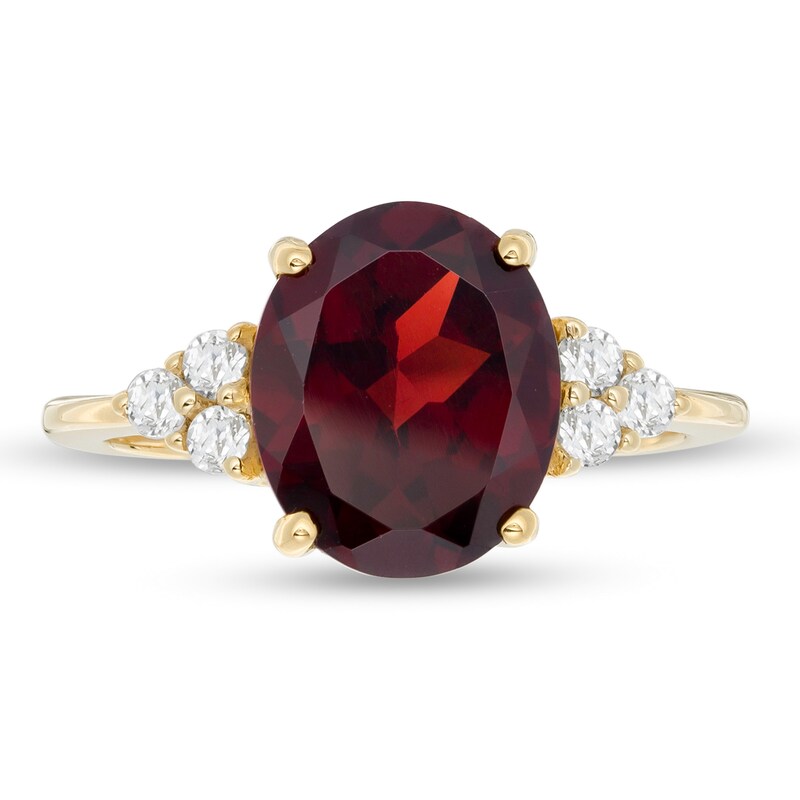 Main Image 4 of Oval Garnet and White Topaz Tri-Sides Ring in 10K Gold