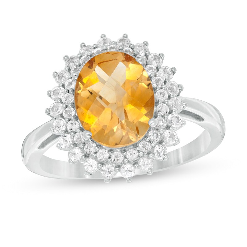 Main Image 1 of Oval Citrine and White Topaz Starburst Double Frame Ring in Sterling Silver