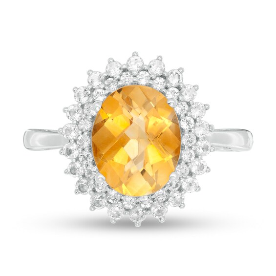 Oval Citrine and White Topaz Starburst Double Frame Ring in Sterling Silver