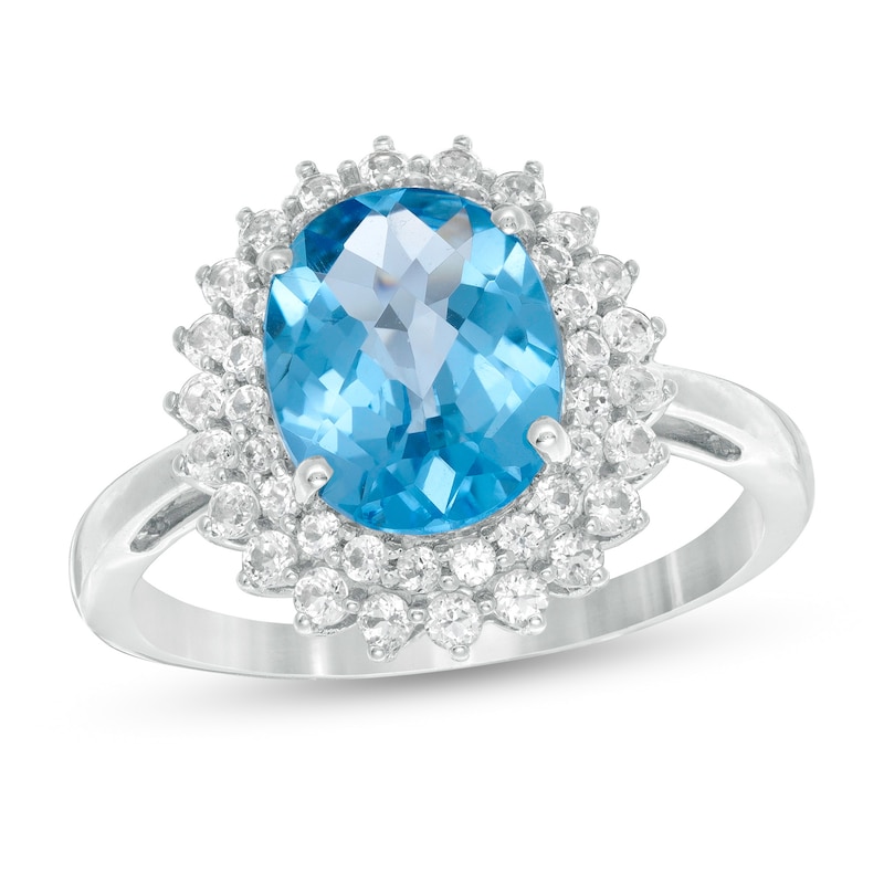 Oval Swiss Blue and White Topaz Starburst Double Frame Ring in Sterling Silver