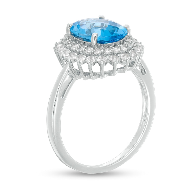 Oval Swiss Blue and White Topaz Starburst Double Frame Ring in Sterling Silver