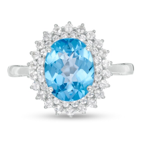 Oval Swiss Blue and White Topaz Starburst Double Frame Ring in Sterling Silver