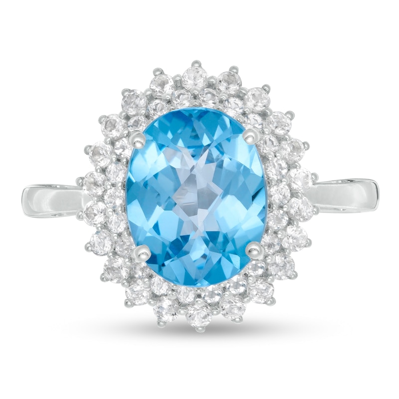 Oval Swiss Blue and White Topaz Starburst Double Frame Ring in Sterling Silver