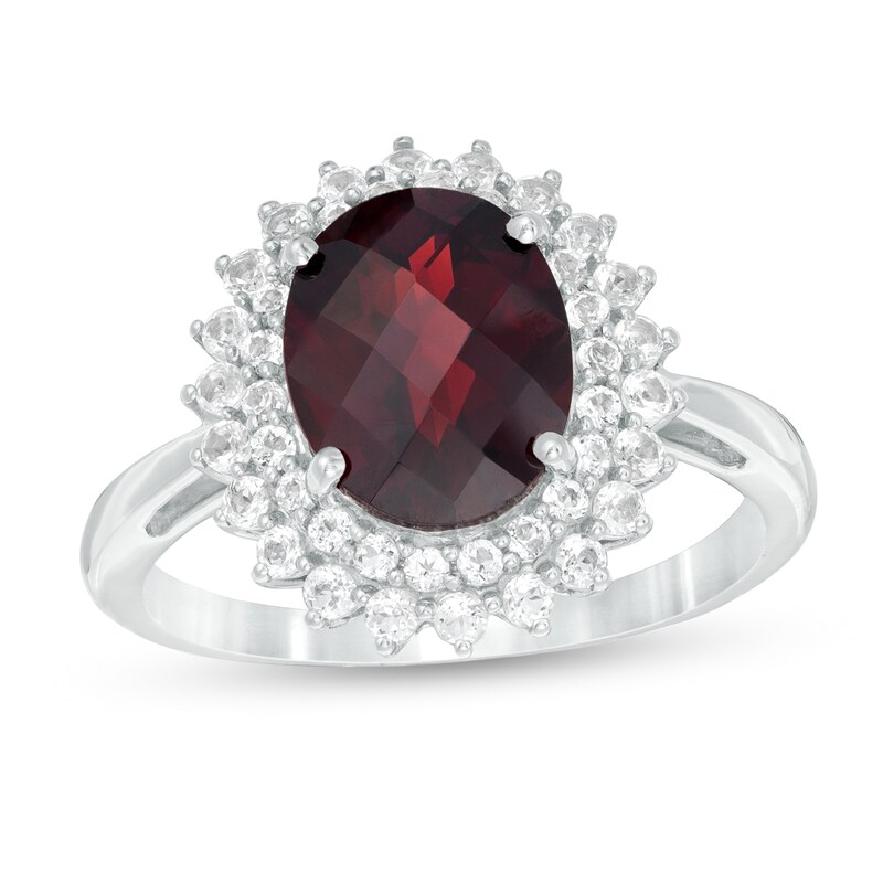 Oval Garnet and White Topaz Starburst Double Frame Ring in Sterling Silver