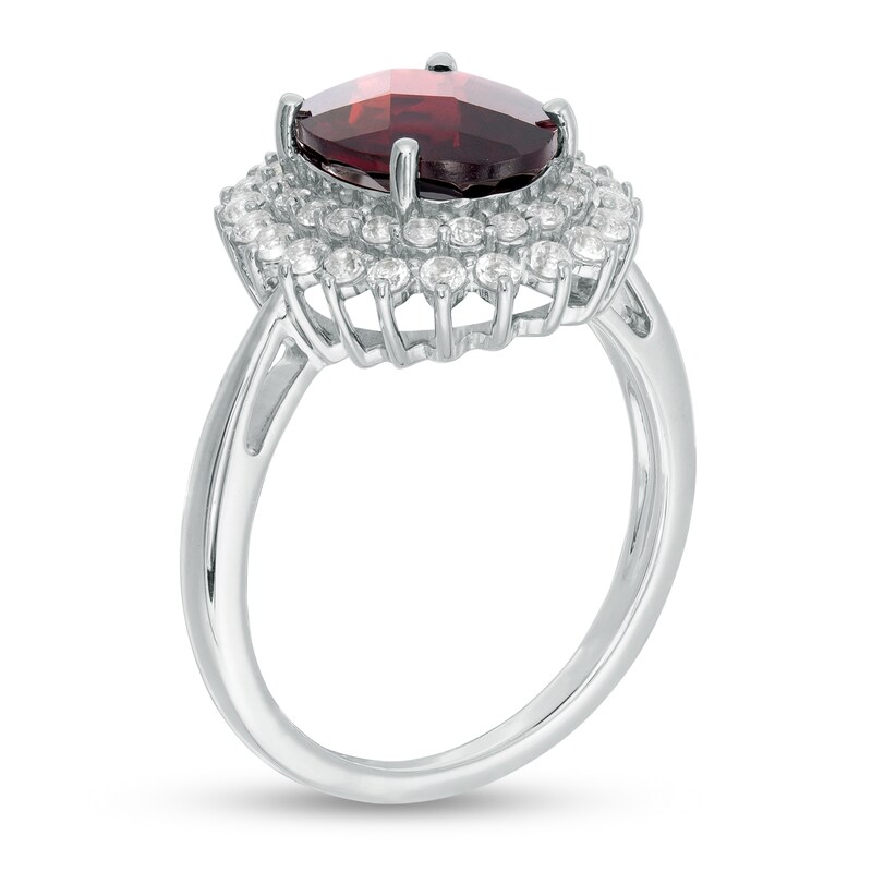 Oval Garnet and White Topaz Starburst Double Frame Ring in Sterling Silver