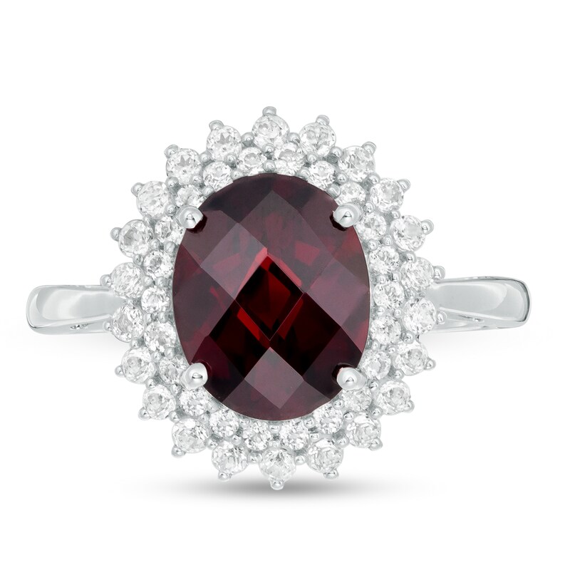 Oval Garnet and White Topaz Starburst Double Frame Ring in Sterling Silver