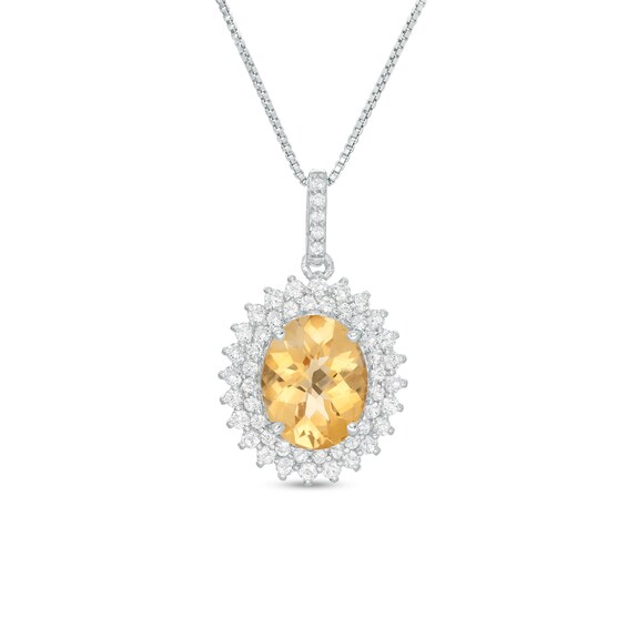 Oval Citrine and White Topaz Starburst Double Frame Pendant in Sterling Silver