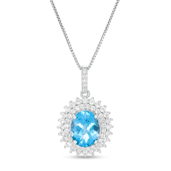 Oval Swiss Blue and White Topaz Starburst Double Frame Pendant in Sterling Silver