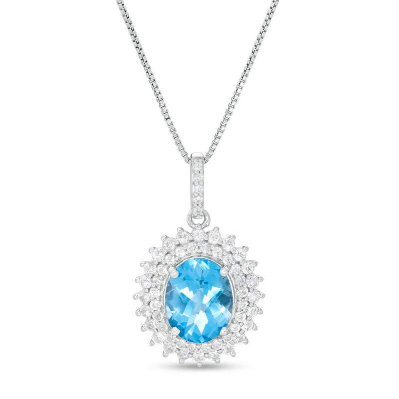 Main Image 1 of Oval Swiss Blue and White Topaz Starburst Double Frame Pendant in Sterling Silver