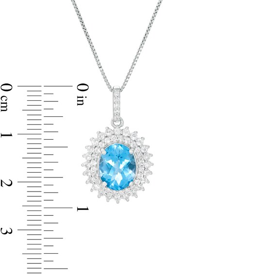 Oval Swiss Blue and White Topaz Starburst Double Frame Pendant in Sterling Silver