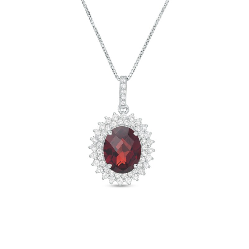 Main Image 1 of Oval Garnet and White Topaz Starburst Double Frame Pendant in Sterling Silver