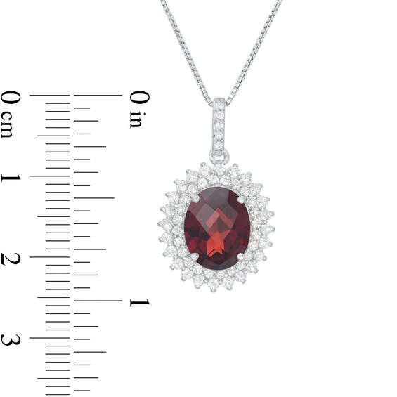 Oval Garnet and White Topaz Starburst Double Frame Pendant in Sterling Silver