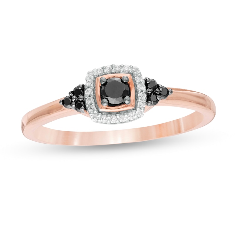 1/5 CT. T.W. Enhanced Black and White Diamond Cushion Frame Tri-Sides Promise Ring in 10K Rose Gold