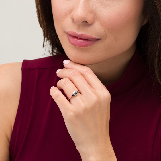 1/5 CT. T.w. Enhanced Black and White Diamond Cushion Frame Tri-Sides Promise Ring in 10K Rose Gold