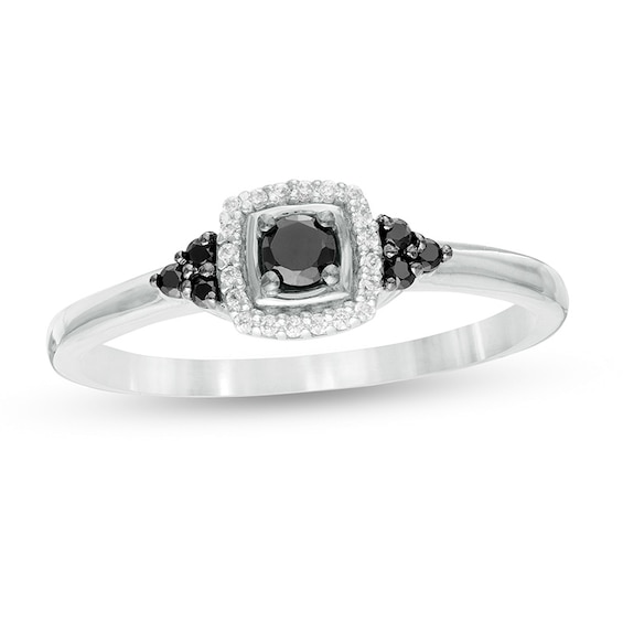 1/5 CT. T.w. Enhanced Black and White Diamond Cushion Frame Tri-Sides Promise Ring in 10K White Gold