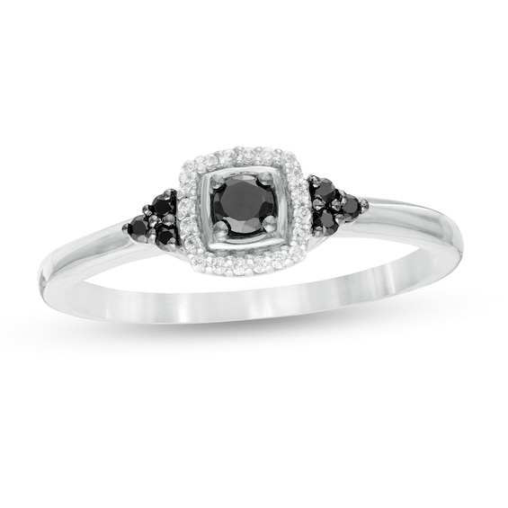 1/5 CT. T.w. Enhanced Black and White Diamond Cushion Frame Tri-Sides Promise Ring in 10K White Gold