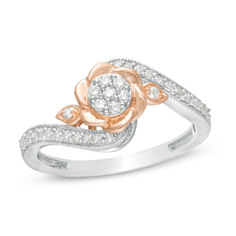 Main Image 1 of Cherished Promise Collection™ 1/4 CT. T.W. Composite Diamond Bypass Flower Frame Promise Ring in 10K Two-Tone Gold