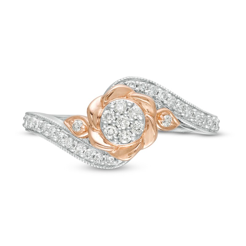 Main Image 4 of Cherished Promise Collection™ 1/4 CT. T.W. Composite Diamond Bypass Flower Frame Promise Ring in 10K Two-Tone Gold