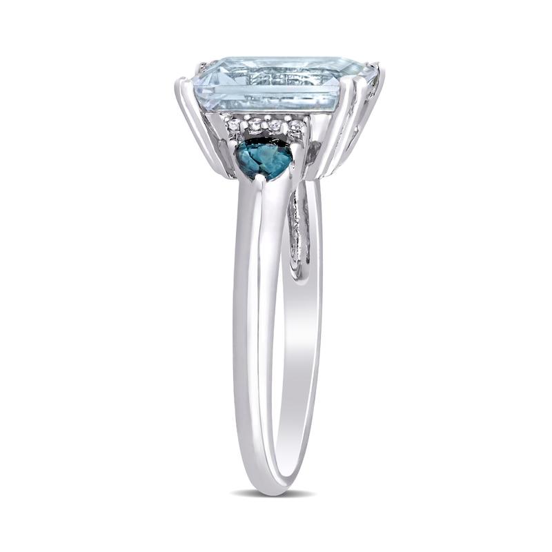 Emerald-Cut Aquamarine, Trillion-Cut Blue Sapphire and 1/20 CT. T.W. Diamond Collar Ring in Sterling Silver