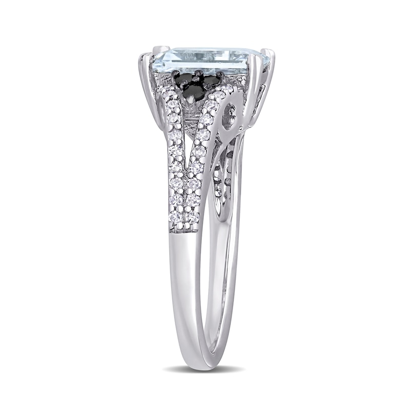 Emerald-Cut Aquamarine and 3/8 CT. T.W. Enhanced Black and White Diamond Split Shank Ring in Sterling Silver