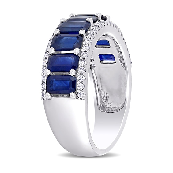 Emerald-Cut Blue Sapphire and 1/4 CT. T.w. Diamond Edge Band in 14K White Gold