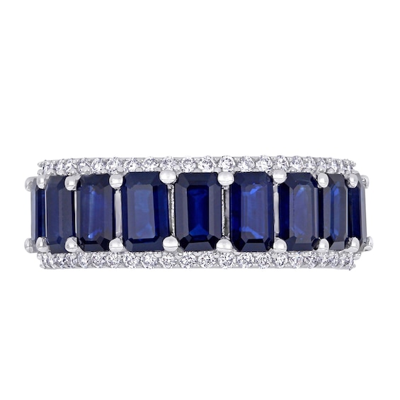 Emerald-Cut Blue Sapphire and 1/4 CT. T.w. Diamond Edge Band in 14K White Gold