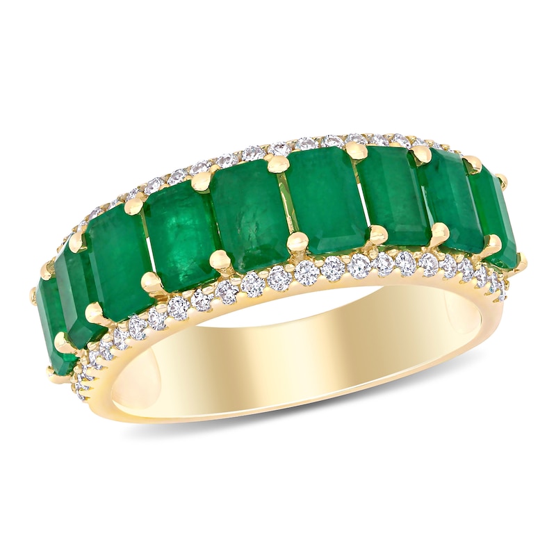 Main Image 1 of Emerald-Cut Emerald and 1/4 CT. T.W. Diamond Edge Band in 14K Gold