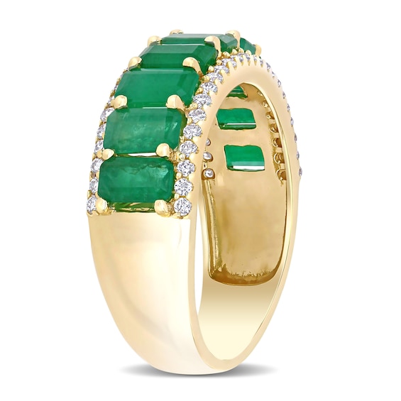 Emerald-Cut Emerald and 1/4 CT. T.w. Diamond Edge Band in 14K Gold