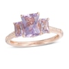 Thumbnail Image 1 of Emerald-Cut Pink Quartz and 1/6 CT. T.W. Diamond Three Stone Ring in 14K Rose Gold - Size 7